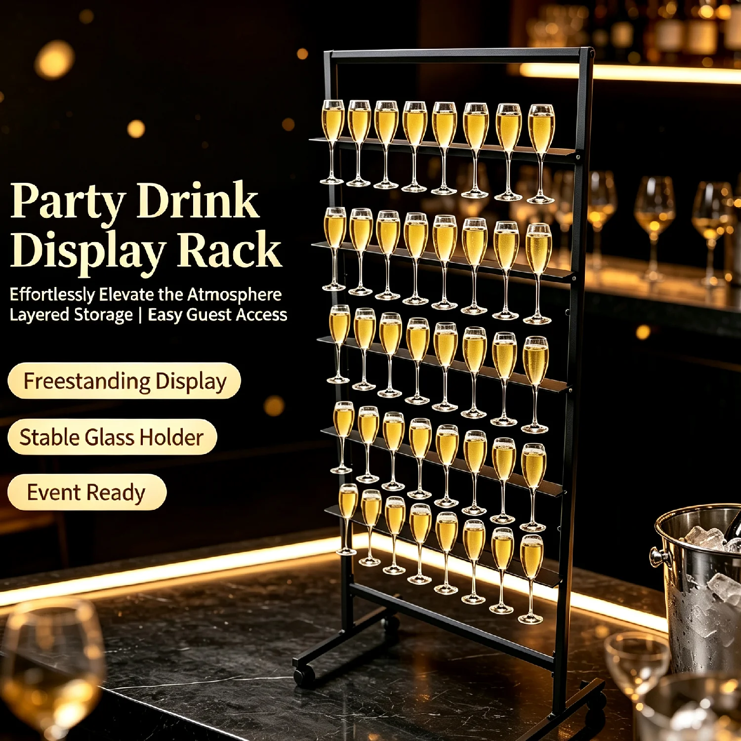Champagne Glass Holder with 4 Wheels, 5-Tier Metal Champagne Flutes Display Stand, Stem Glass Rack with Swivel Casters for Party