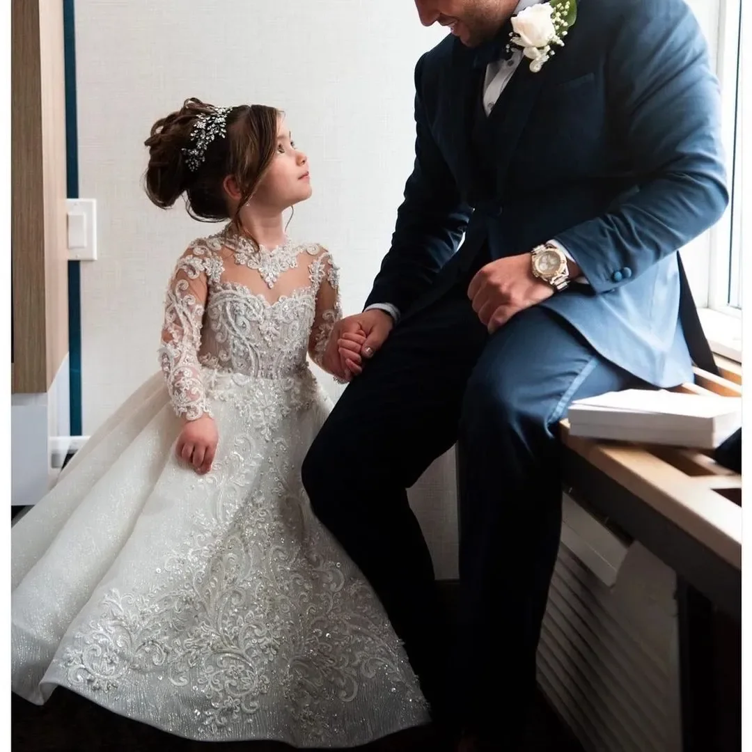 Vestido longo com arco talão para a menina, luxuoso vestido de baile, vestido da princesa, Santo Primeira Comunhão Veste, bola de aniversário, menina flor