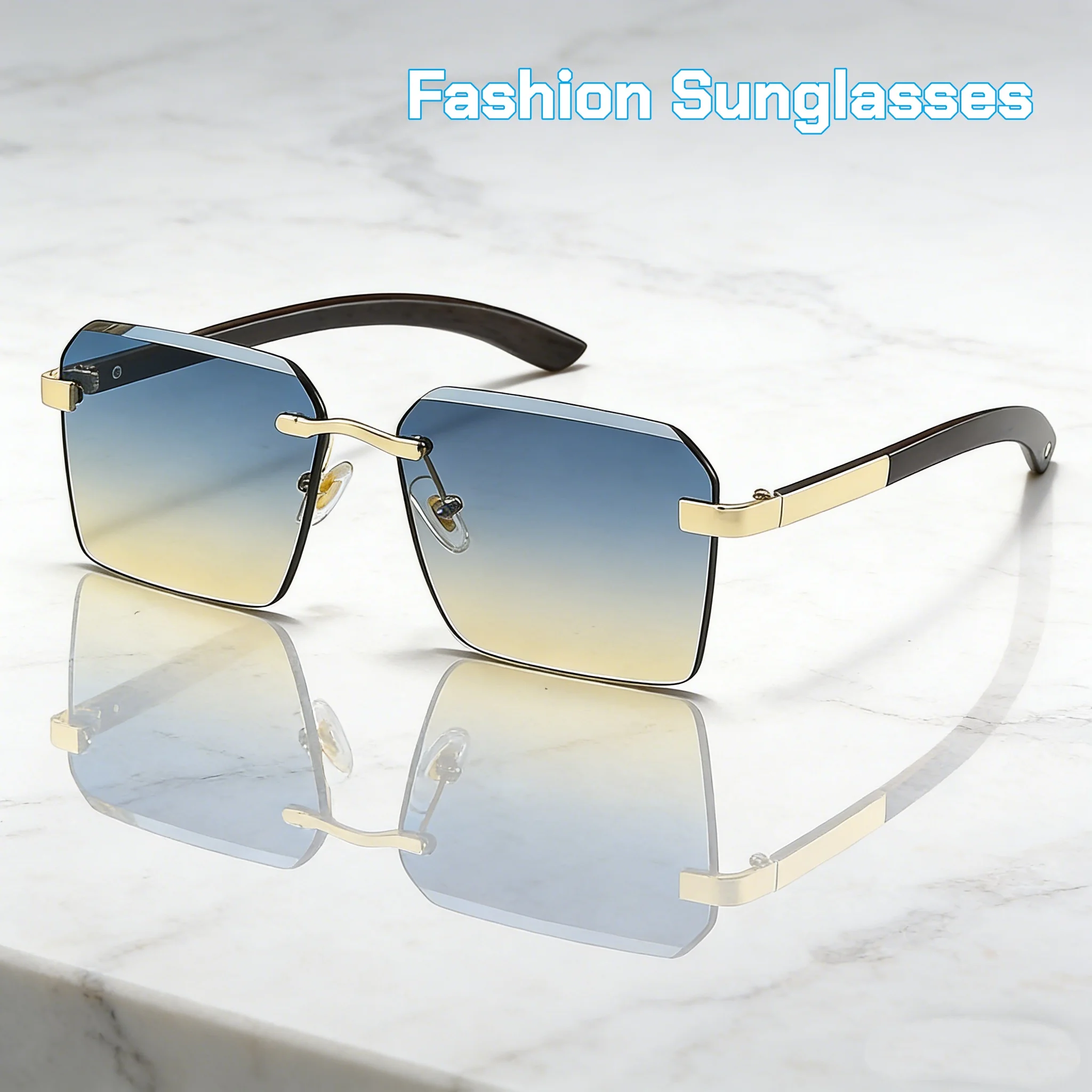 

Fashion Rimless Square Sunglasses for Men Women New VintageMetal Frame with Wooden Temple, Classic Retro Shades UV Protection