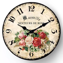 European-Style Rose Pattern Wooden Wall Clock for Living Room, Bedroom, Kitchen, Home Decoration, Silent Quartz Clock, Holiday Gift, 10 Inches, 12 Inches 14inch 16inch (No Battery)