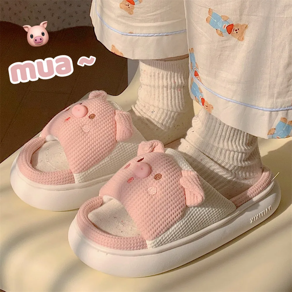 Women Cute Pig Slippers All Season Winter Soft Plush Warm Non-Slip Floor Indoor Floor Cotton Shoe Open Toe Couple Home Slippers