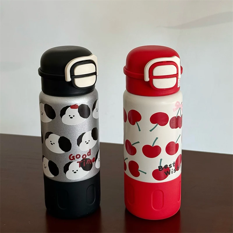 

Cute Cherry Puppy Water Bottle 500ml Kawaii Stainless Steel Thermal Bottle Thermos Cups With Straw Coffee Tea Tumbler Girl Gift