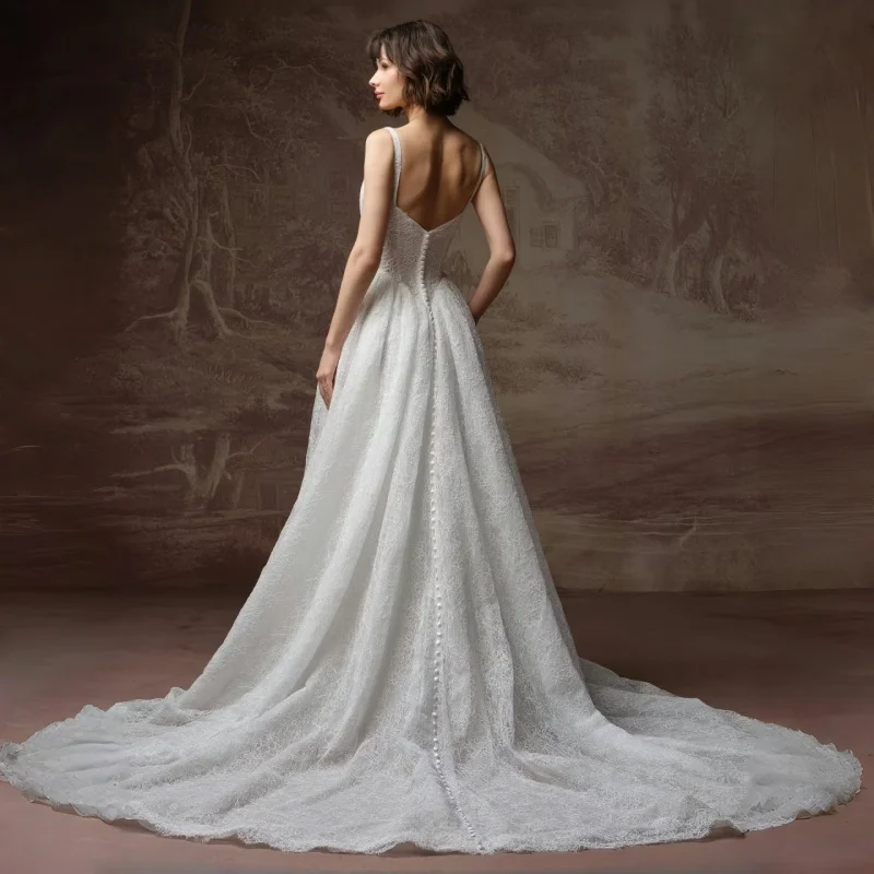 A-line Square Neck Wedding Gown For Women LaceSleeveless Chapel Train A-line Vestidos De Novia Open Back Long Train Customizable