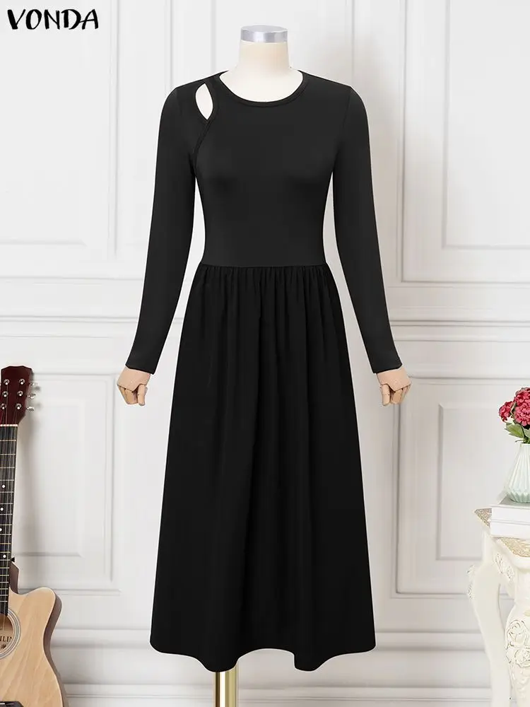 Fashion Vestisos VONDA Elegant Women Office Lady Long Dresses Autumn Long Sleeve Hollow Out Sexy 2025 Solid Patchwork Midi Robe