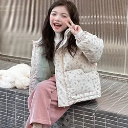 Floral Cotton Jacket for Girls Winter Clothing Children Down Cotton Hooded Jacket Thickened Coat for Baby Girls Loose Cardigan
