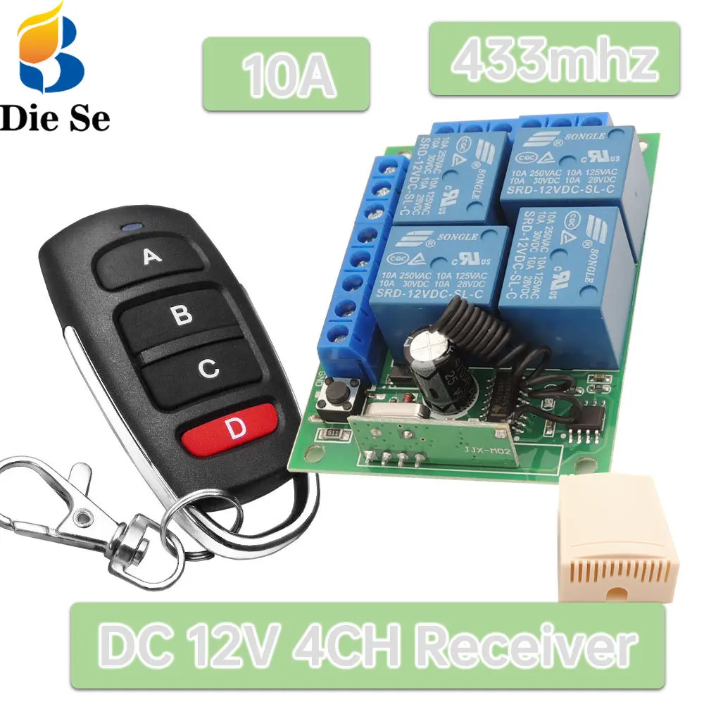 433Mhz RF Wireless Relay Receiver Switch  DC 12V 4 Ch 10A Relay Controller and Rf Transmitter for Gate Door Opener Light Diy