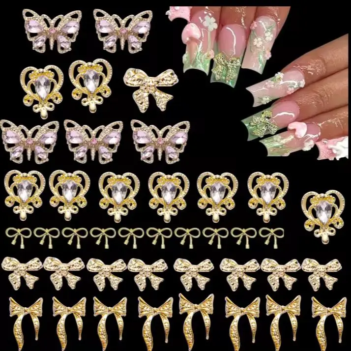 80PCS Gold Nail Charms Kit 3D Crown Nail Charms Crystal Money Sign Nail Charms Heart Nail Charms Shiny Butterfly Charms Cross