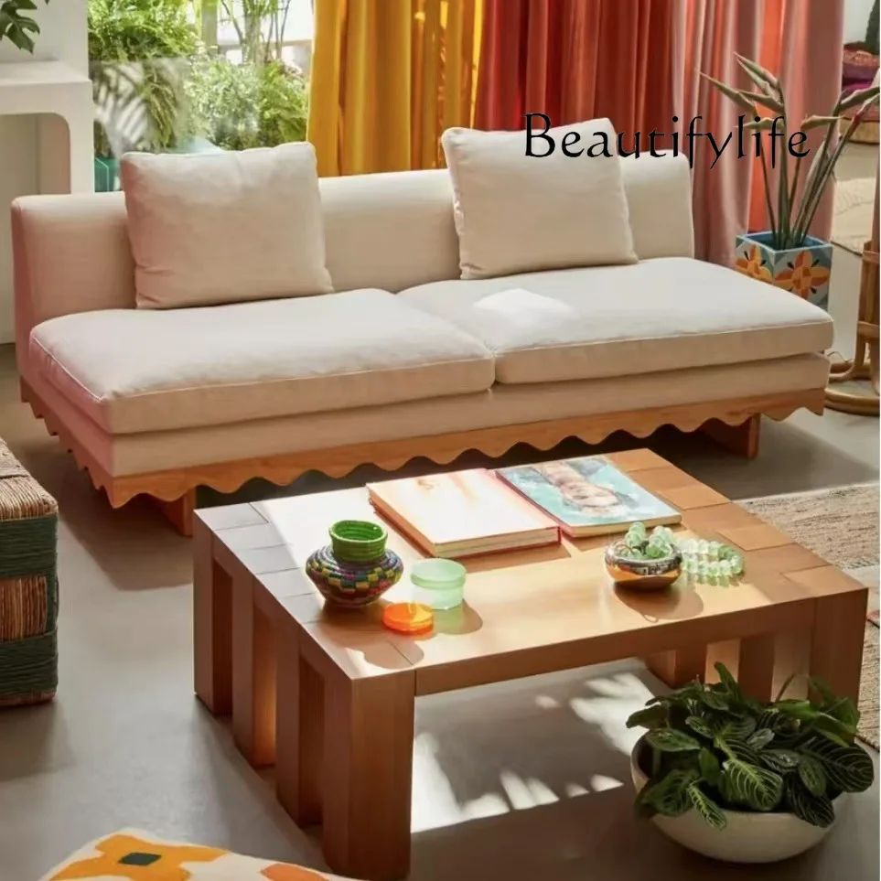 

Sandy Wind Solid Wood Fabric Sofa Designer Small Apartment Living Room Medieval Homestay Multi-person Straight Row
