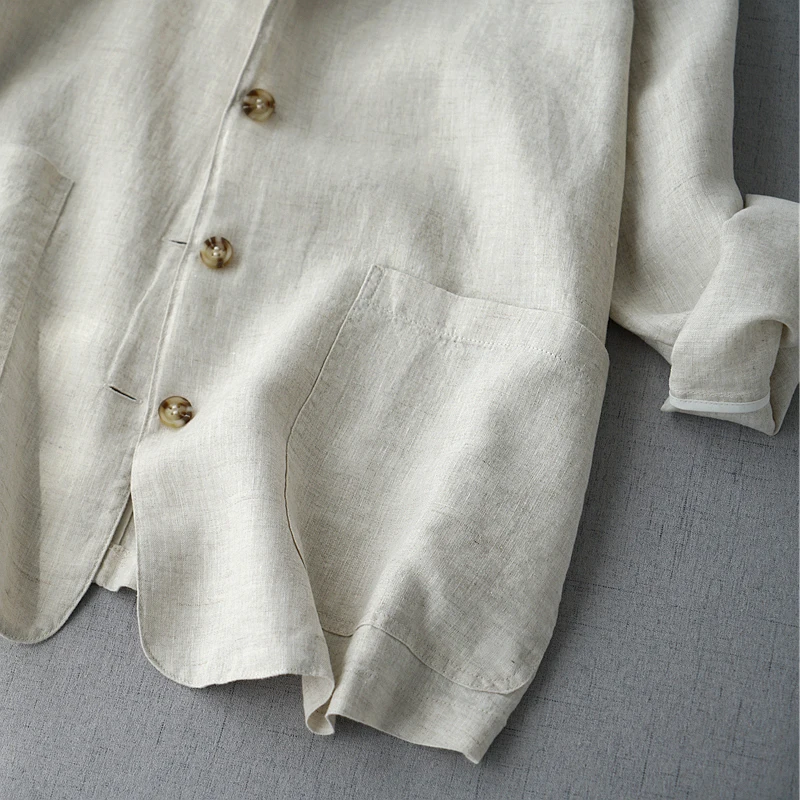 Comfortable Linen Suit Jaet Thin Spring Summer Women's Loose Casual Versatile Linen Top Long Sve Classic Collar Single B...
