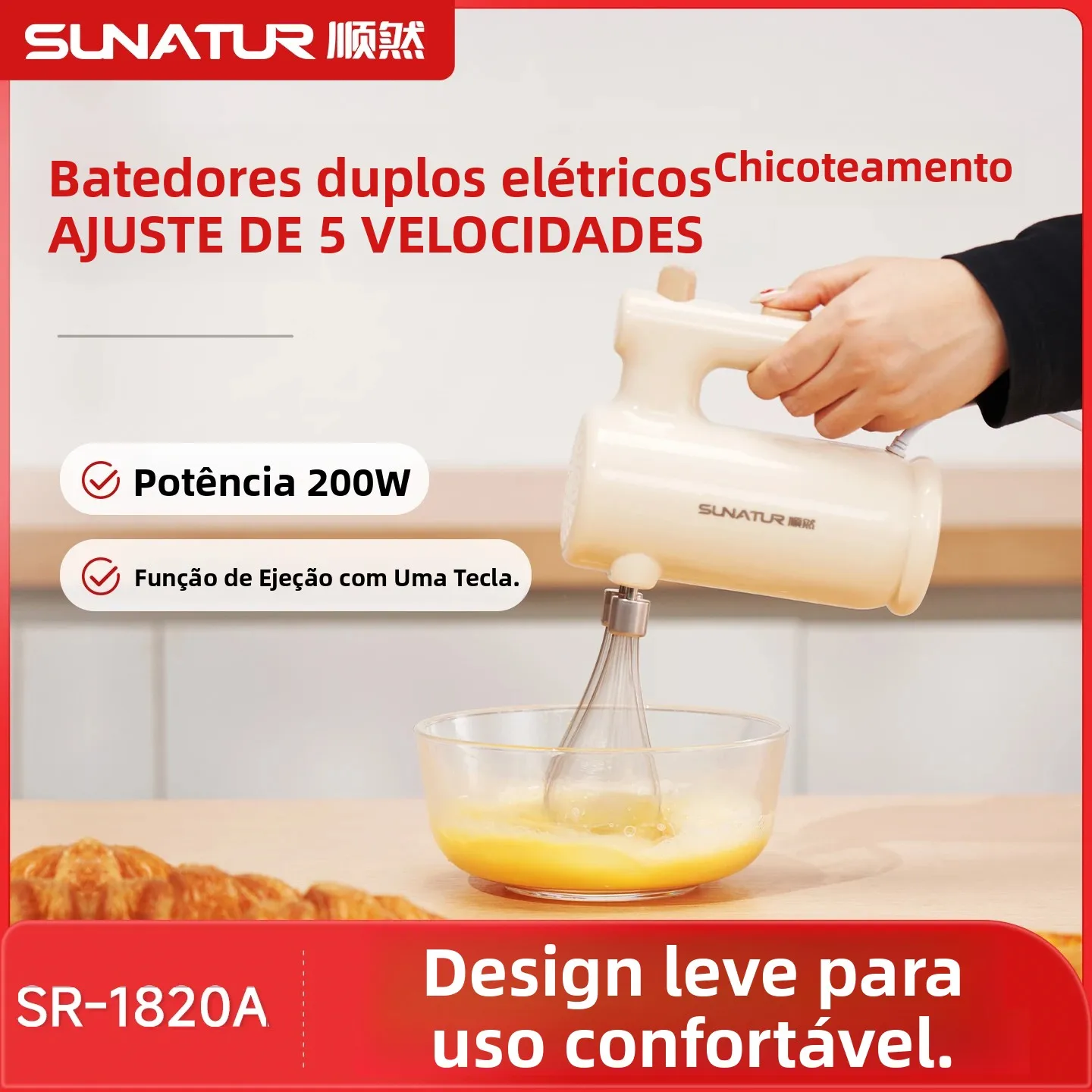 sunatur-sr-1820a-200w-5段階速度調整電動ハンドミキサー、デュアルウィスク304個のアタッチメント、ワンキーエジェクト機能付き、家庭用ベーキングに最適