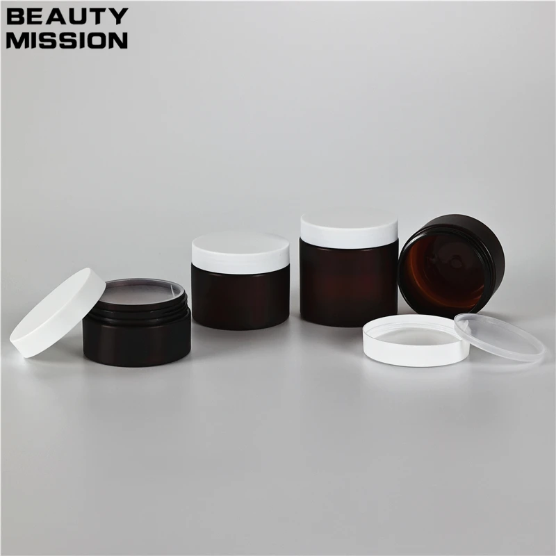 

100g-200g x 20 Empty Cosmetic Frosted Amber Plastic Jars With Frosted White Screw Lid Makeup Facial Cream Pot Suncreen Container