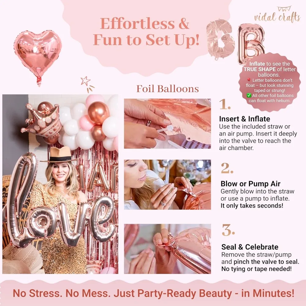 VIDAL CRAFTS 7 قطعة من زينة عيد الميلاد باللون الذهبي الوردي - خلفية للحفلات مع بالونات من اللاتكس والرقائق والقصاصات، وحول عيد ميلاد سعيد