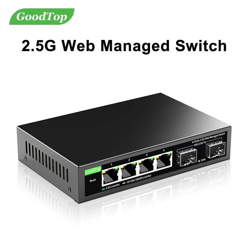 GoodTop 6 Port 2.5Gb Smart Managed Switch with 10G SFP+ Slot Metal Fanless Home Lab Network Switch Link Aggregation/VLAN/QOS