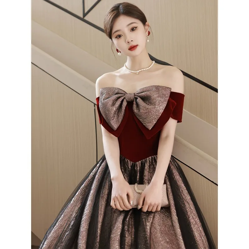 2025 New Women's Summer One Shoulder Wine Red Wedding Evening Dress Fashion Engagement Bow Decoration Grand Banquet Long Dress