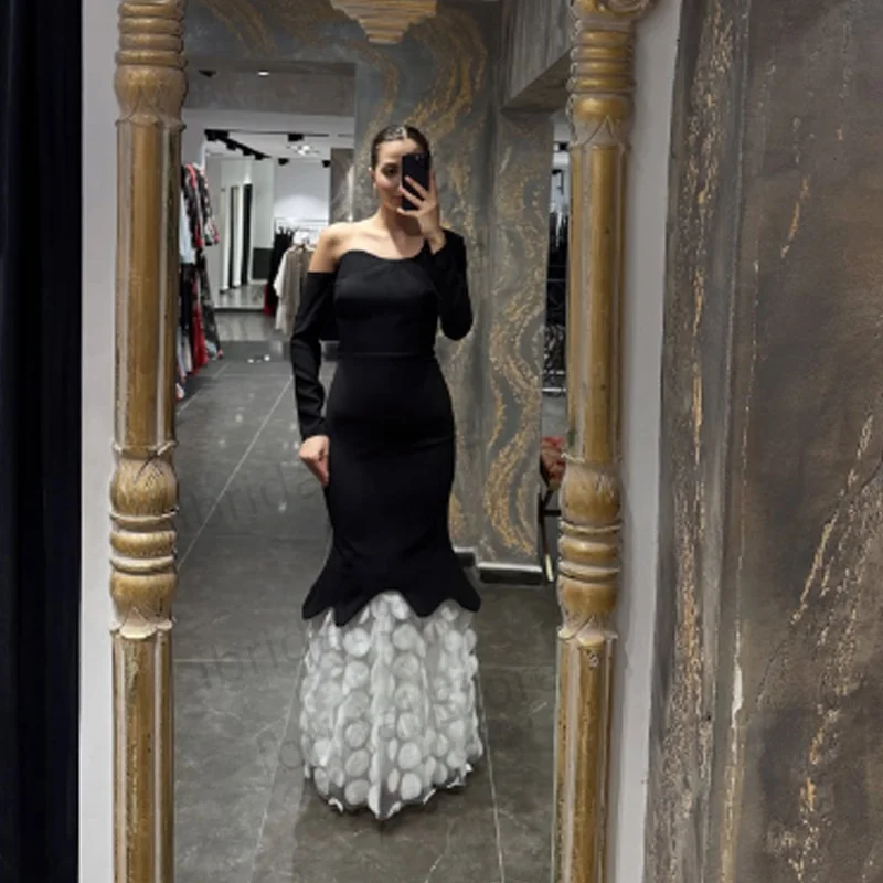 فستان سهرة مخصص على شكل حرف A بطول الأرض وكتف واحد وأكمام طويلة فستان حفلات بسيط على الموضة ثنيات بدون ظهر