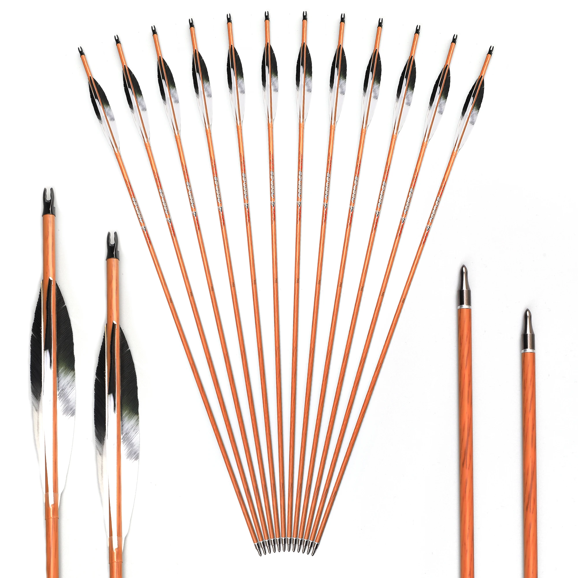 Carbon Arrow with Black and White Turkey Feather, Recurve Bow, Shooting Hunting, Wood Skin, Spine 400, 500, 600, 700, 3Inch, 6Pc