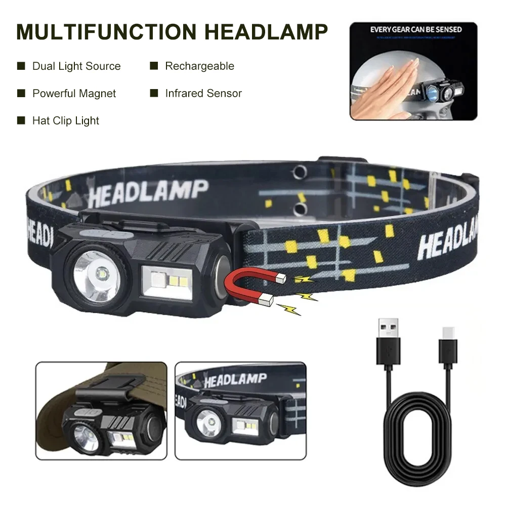 

Mini LED Headlamp Motion Sensor Camping Fishing Lantern USB Rechargeable Head Flashlight with Magnet Warning Lamp Cap Clip Light
