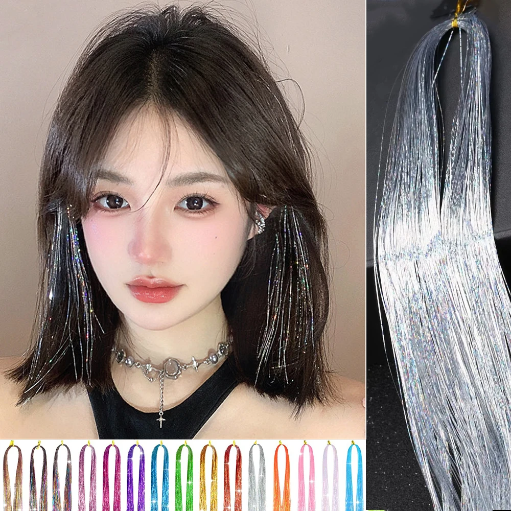 Laser Sparkle Hair Tinsel Shiny Silver Metallic Rainbow Strands for Braiding Headdress False Hair Extensions Decor Glitter