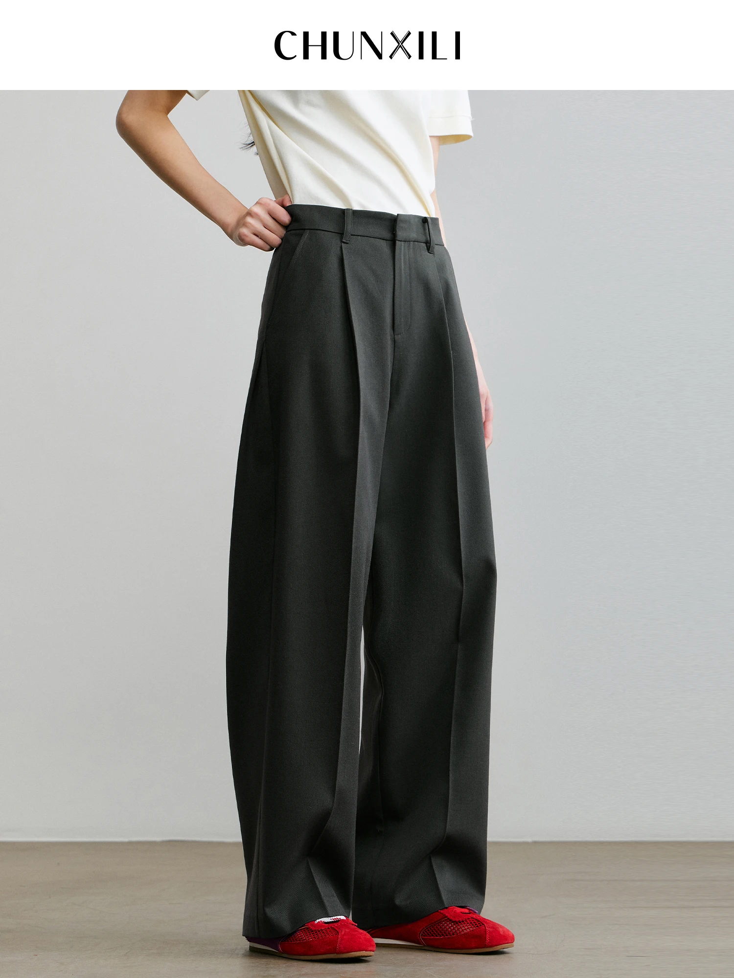 

Весенние женские брюки в стиле Hi Street: винтажные, с высокой талией, двойными складками, повседневные, прямые, стройнящие, из смесового полиэстера