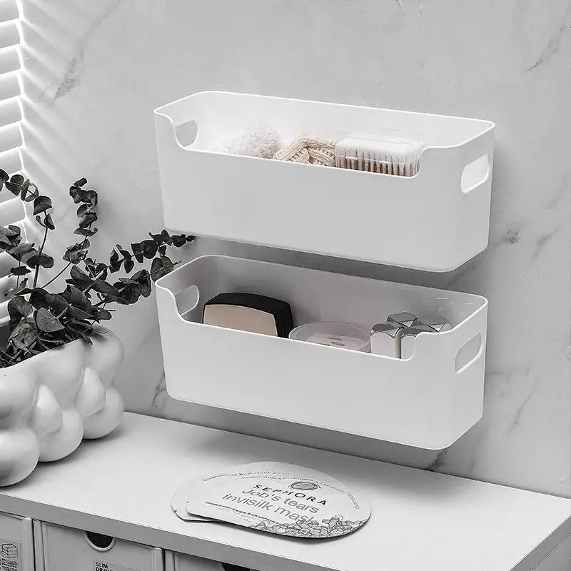 Adhesive Wall Mounted Plastic Storage Bins With No Drilling And Large Capacity Perfect For Bathroom Kitchen Bedroom Organizing