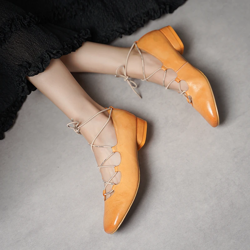 ماري جينس نساء جلد الحصان شريط مرن ساحة تو الضحلة الشقق فستان صيفي أحذية السيدات اليدوية