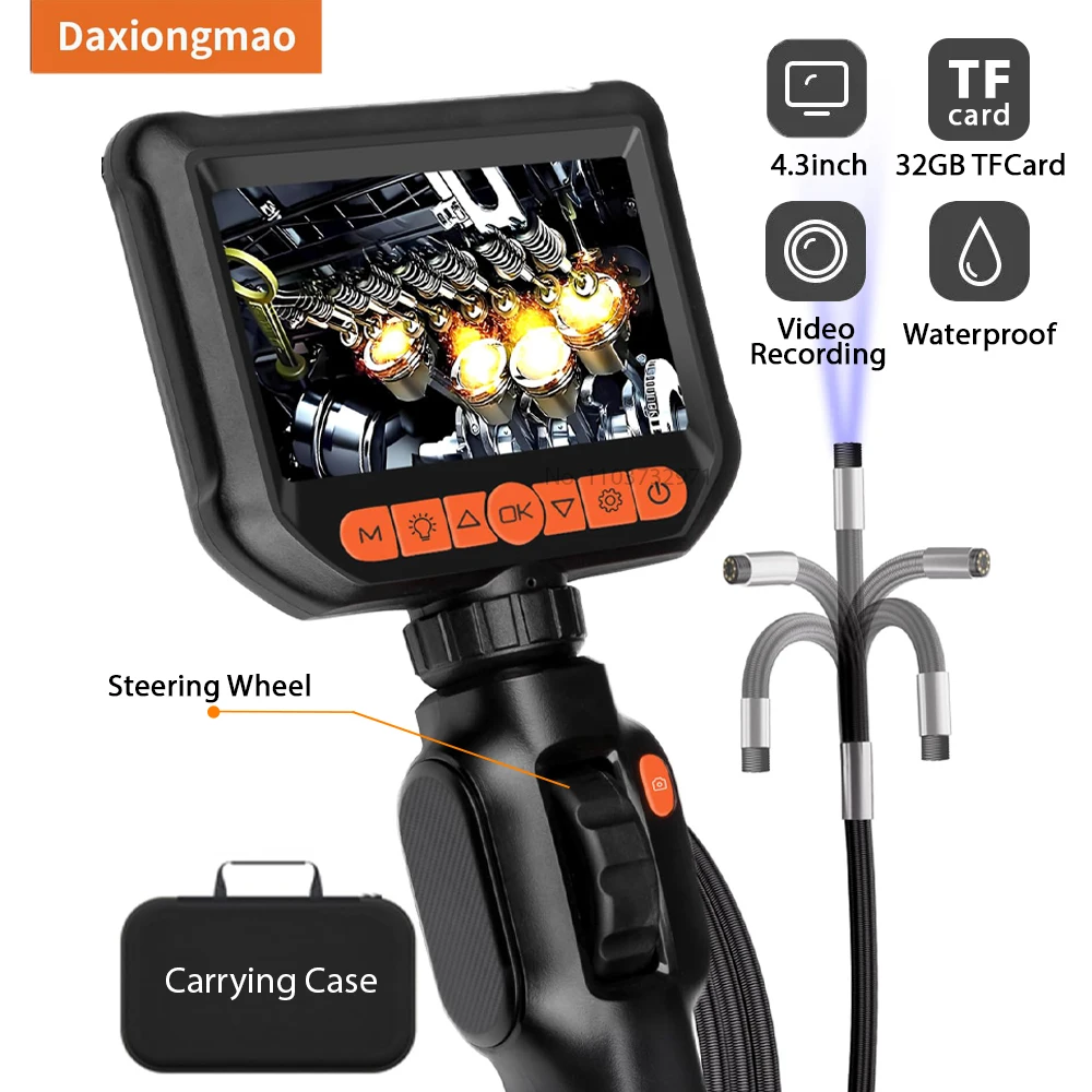 Daxiongmao 360° Two-Way Rotation Endoscope Camera 1080P IPS Screen Handheld Borescope Digital Video Car Inspection Snake Camera