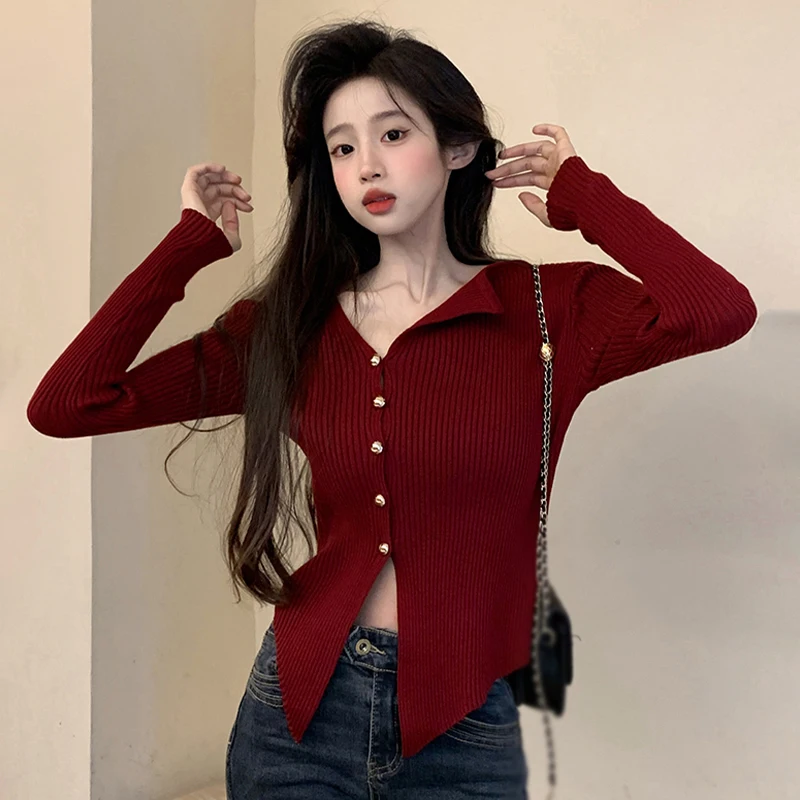 V-Neck Long-Sleeved Top Women Irregular Design Solid Color Knitted Outfit Retro Simple Short Style Slim Fitting Sexy Spring