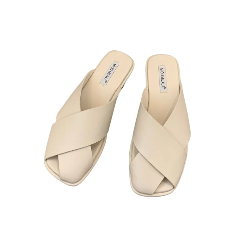 Zapatillas de cubierta plana para mujer, Mules de Punta cruzada, tacón bajo, goma suave romana, PU, novedad de verano, 2024