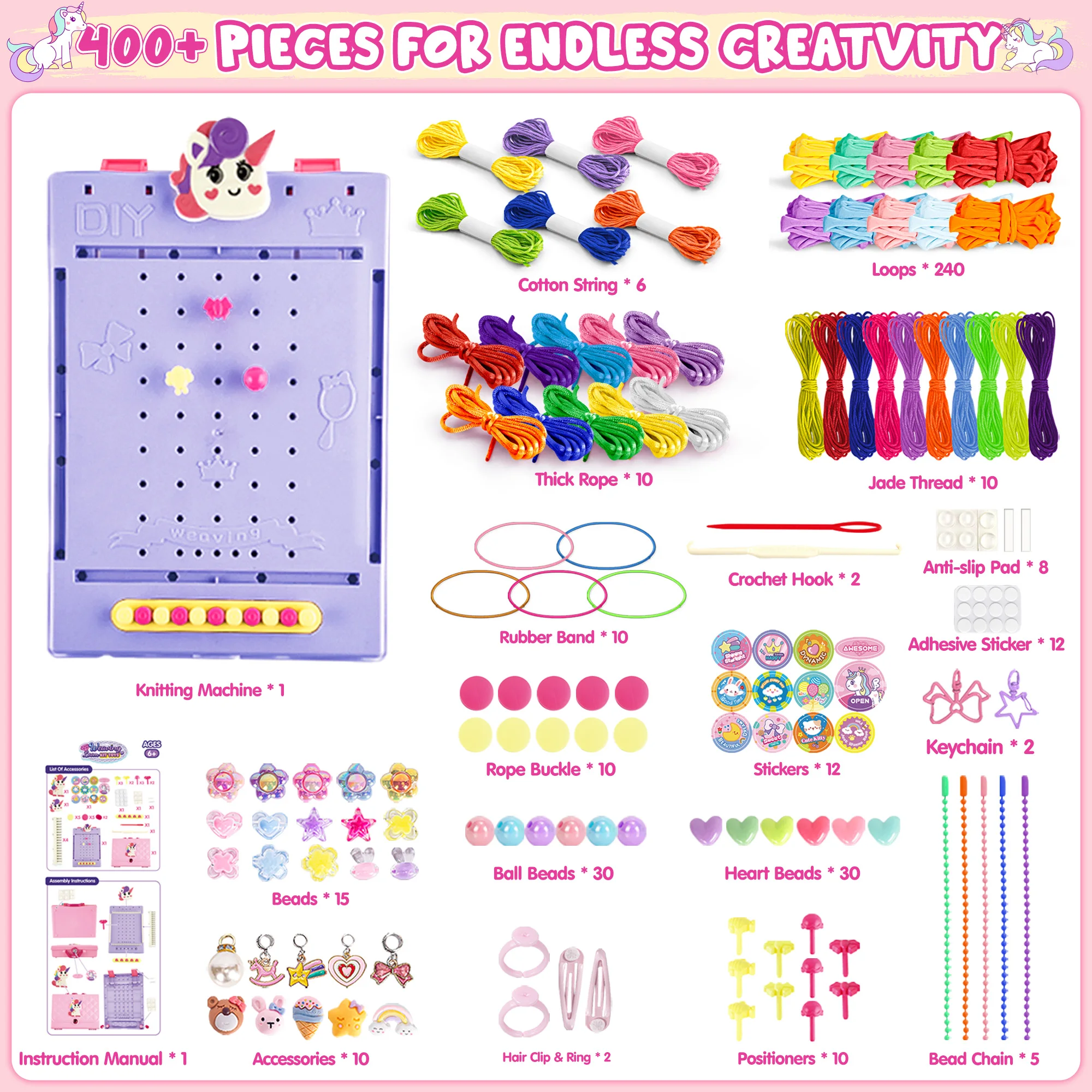 2 in 1 400 Pcs Friendship Bracelet Making Kit for Girls,Weaving Loom Kit Toys, Craft Kits for Kids,Age 6-12 Year Old Girl