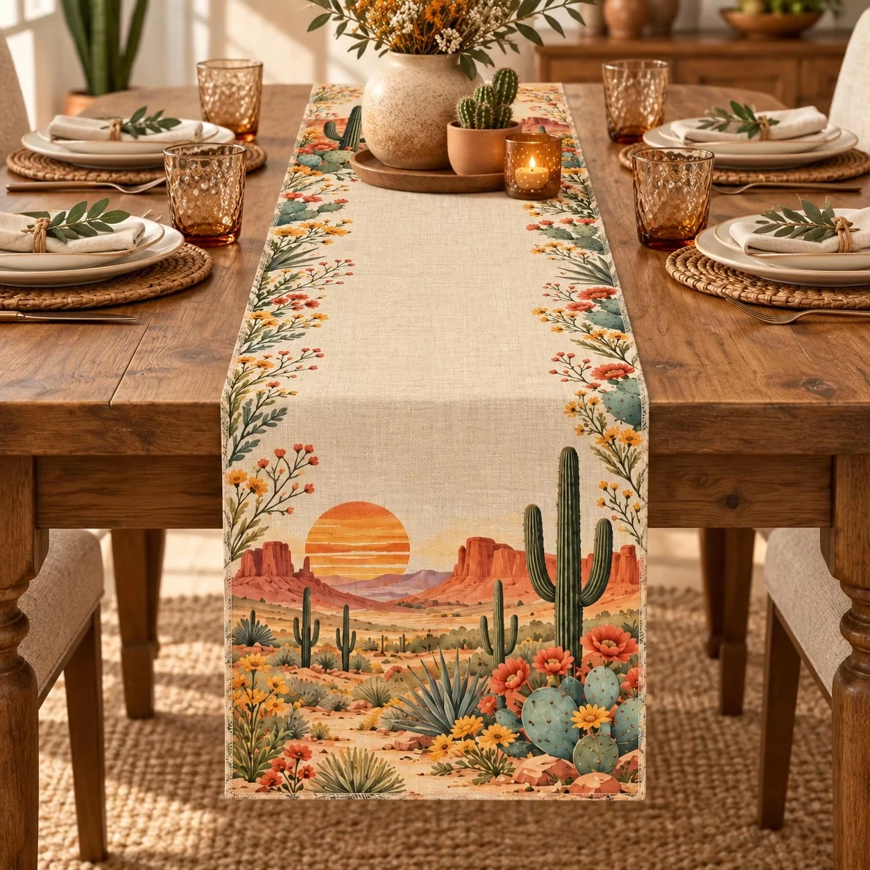 Southwestern Desert Cactus Table Runner with Sunset Floral Botanical, Farmhouse Kitchen Dining Home Decor Setting