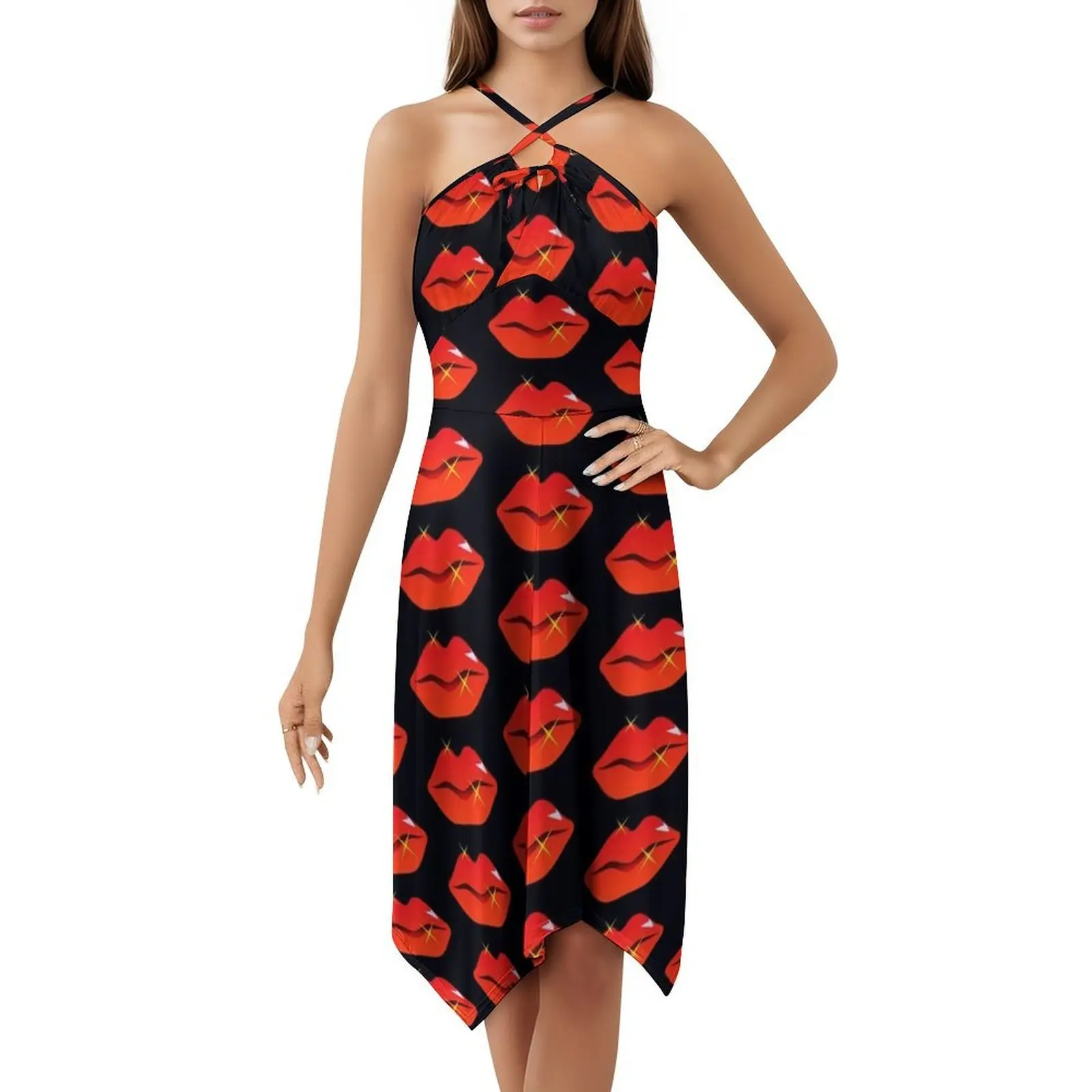 Sukienka w stylu koreańskim z czerwonymi ustami dla kobiet, elegancka sukienka codzienna lub na imprezę, ustki, czerwone ustki, czerwona szminka, pocałunek, wieczór