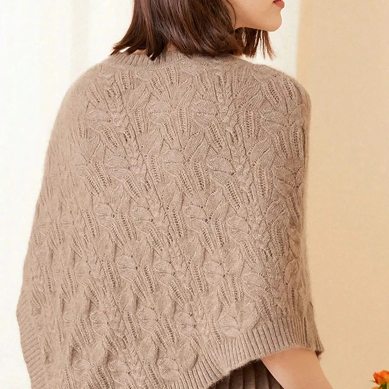 

1Pcs Women's round Neck Hollow Cape Irregular Butterfly Flower Knitted Shawl 100% Merino Wool Warm Fashionable Cape Shawl