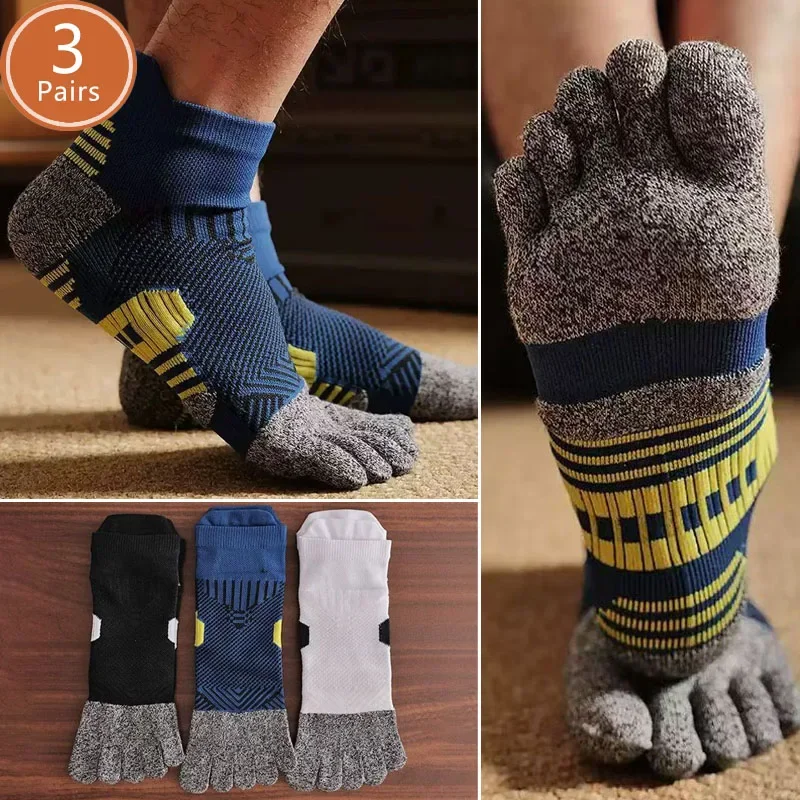 

3 Pairs Mans Sport Toe Ankle Socks Compression Mesh Towel Bottom Fitness Hiking Cycling Outdoor Travel Terry Five Finger Socks
