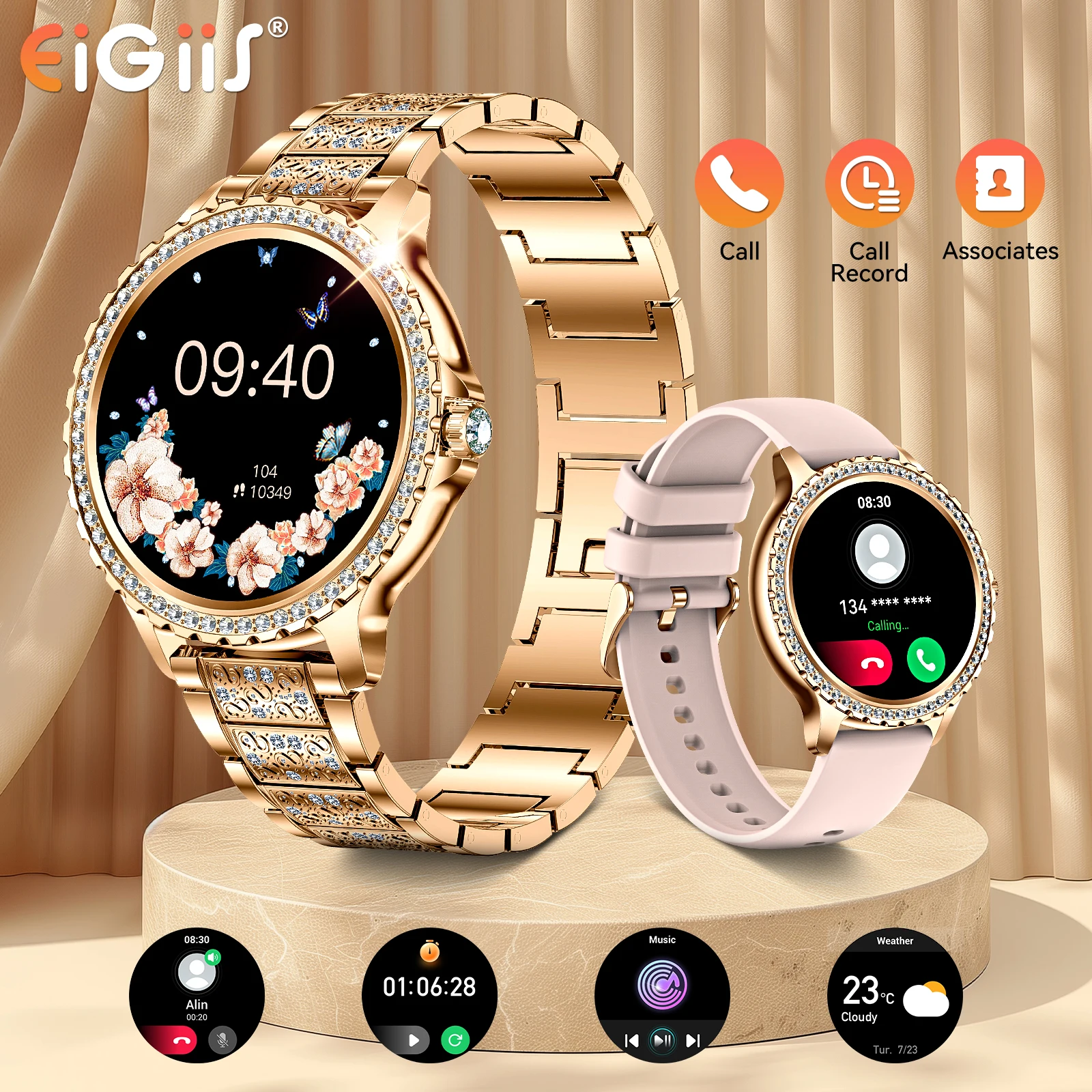 ساعات EIGIIS الذكية للنساء مع شاشة عالية الدقة مقاس 1.32 بوصة لتتبع اللياقة البدنية مع مراقب معدل ضربات القلب والنوم وساعة ذكية خارجية مقاومة للماء