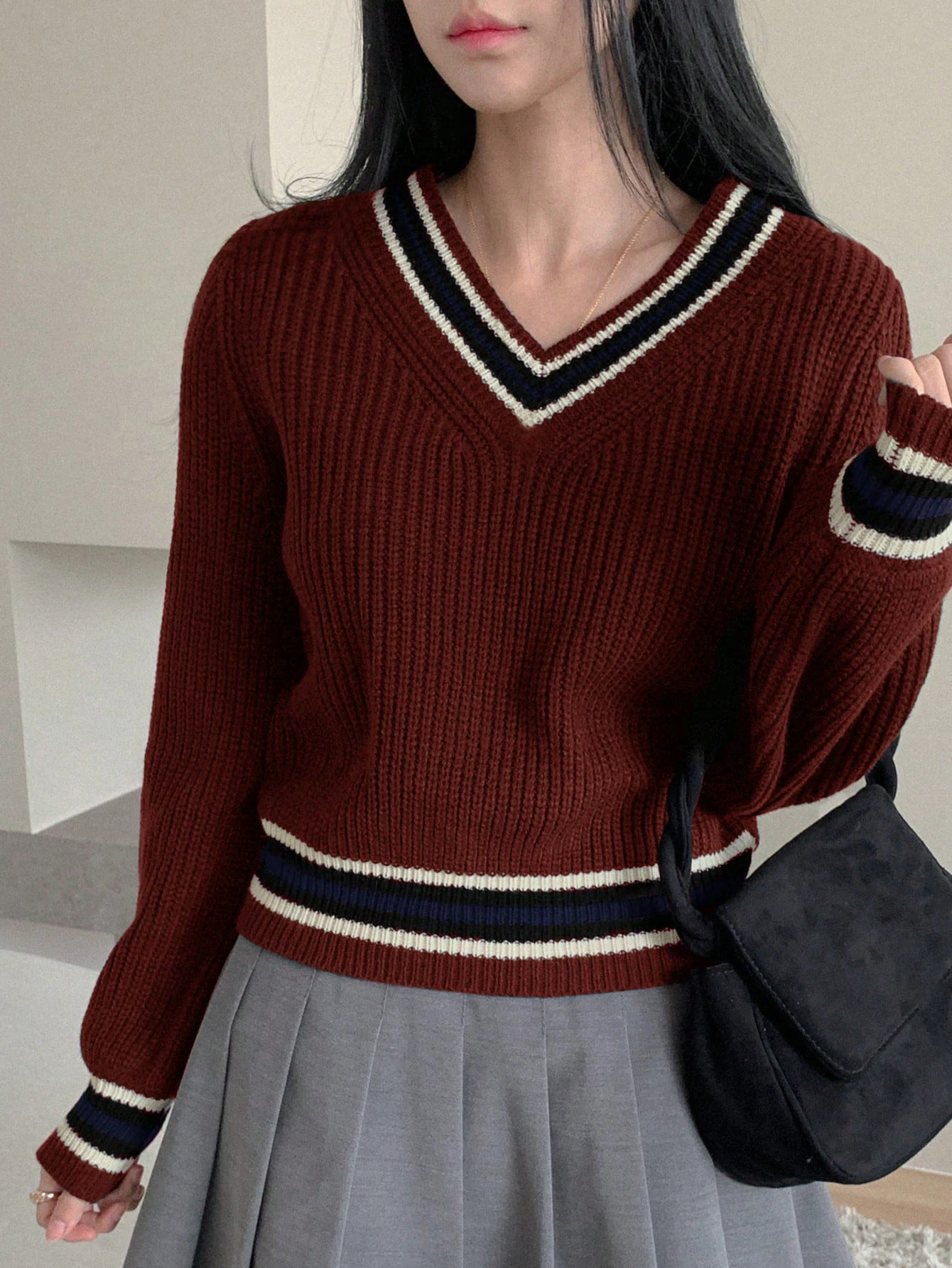 Women's Burgundy Striped Trim Knit Sweater V-Neck Puff Sleeve Cropped Preppy Top for Casual Wear