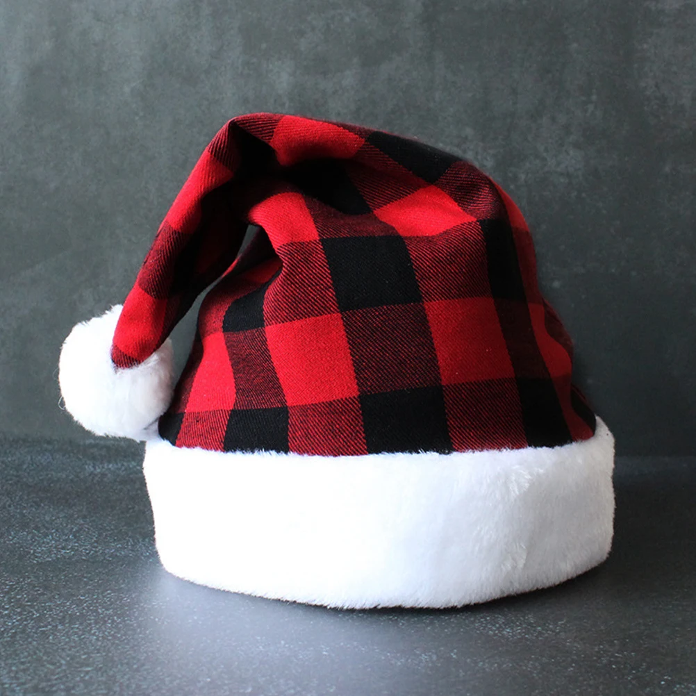 

Christmas Hat Unisex Plaid Pattern Soft Fabric Santa Party Costume Prop for Adults Holiday Celebration Xmas Supply