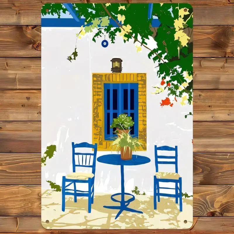 Colorful Mediterranean Patio Metal Tin Sign - Blue Chairs, Table, Yellow Brick Window, Greenery Design, Iron Wall Art for Home,