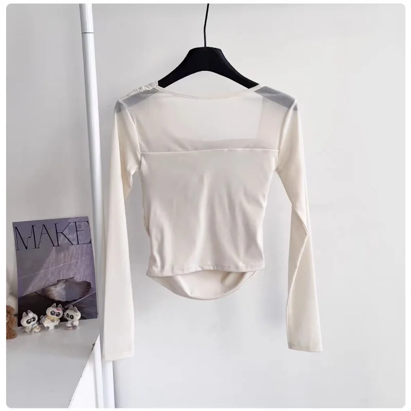 Women Sexy Mesh Spliced Long Sleeve Yoga Crop Top Padded Breathable Sports Tee for Gym Pilates Workout Training Fitness