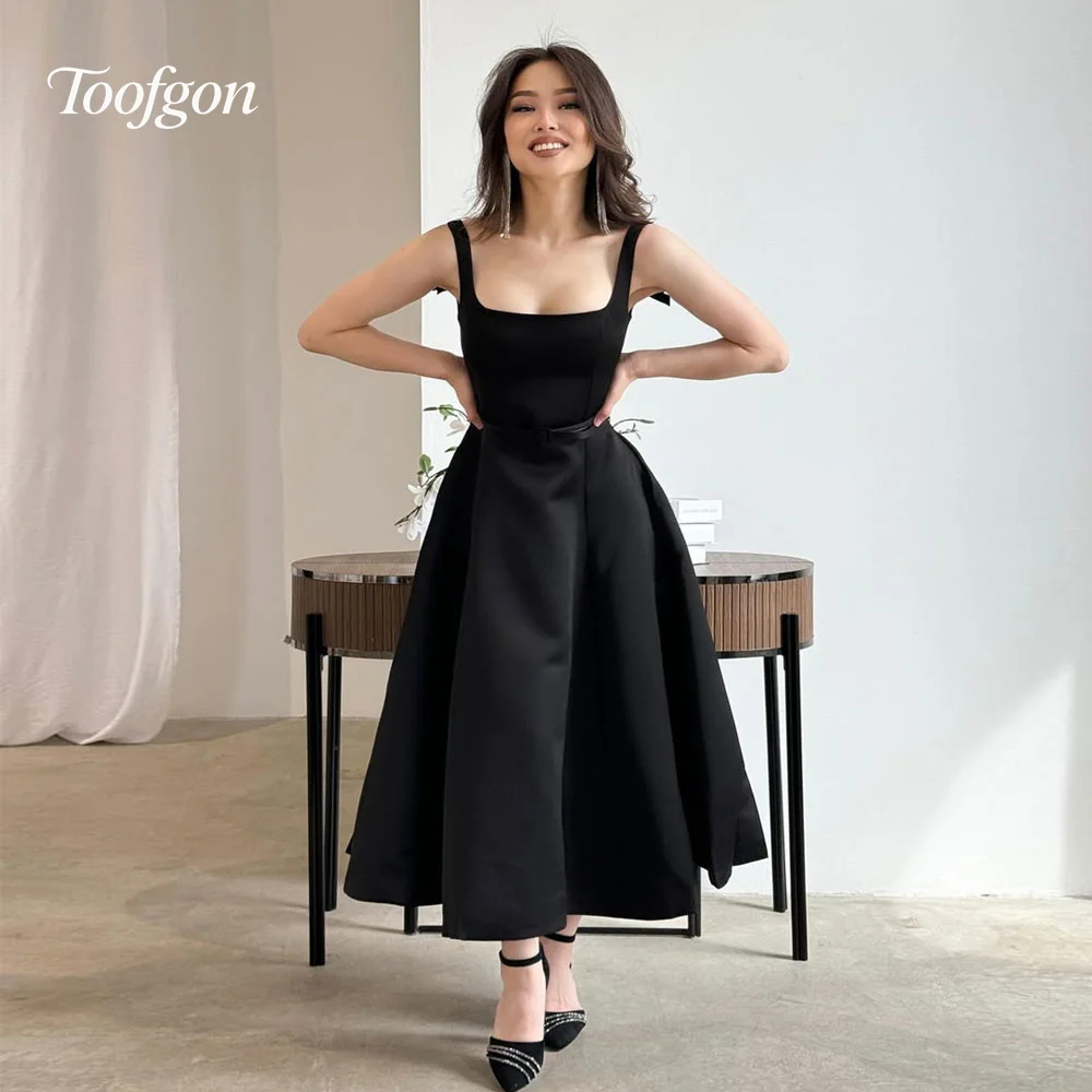 

Toofgon Black Square Collar Evening Dresses Sexy Spaghetti Straps A Line Dress Party Night Corset Prom Dresses Customized