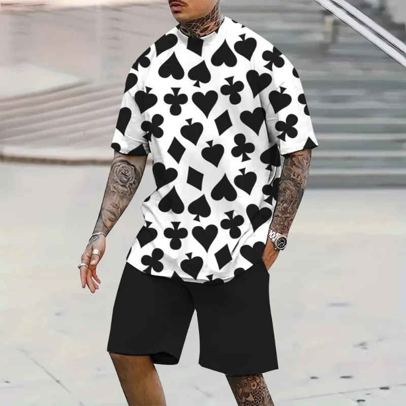 2025 3D Poker Print Summer Casual Breathable Short Sleeved Shorts Style Oversized Polyester Fiber Fashionable Men's Style
