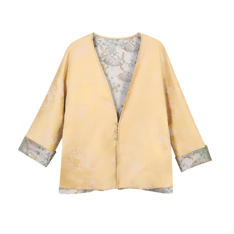 High Quality Women's Spring and Autumn New Chinese Style Collar Top Silk Vintage Button Cardigan Coat