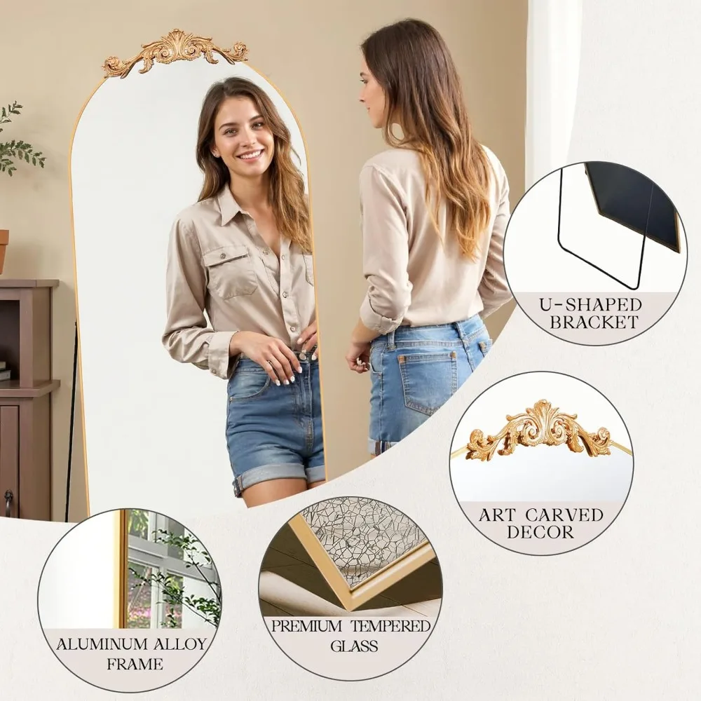 Antique Large Arched Full Body Mirror 65x24 Freestanding with French Carving Top Vintage Baroque Style