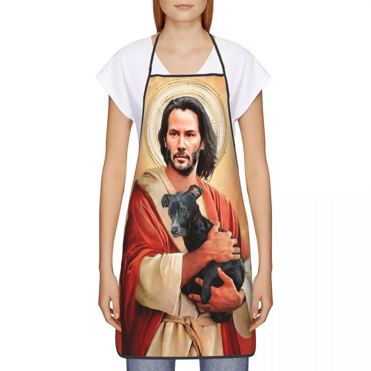 Delantal Keanu Reeves Holding A Puppy para hombres y mujeres, Saint Meme, Jesús, John Wick, babero de Chef, Tablier, cocina, hornear