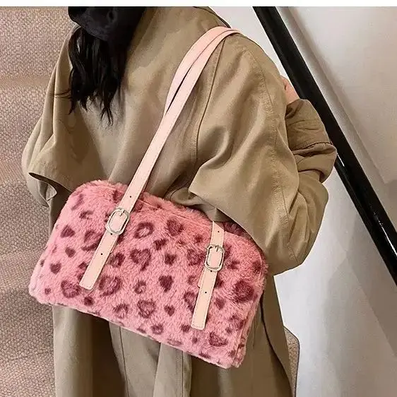 Winter plush bag women's 2025 new fashion large capacity retro fashion leopard print tote bag plush bag underarm women's bag
