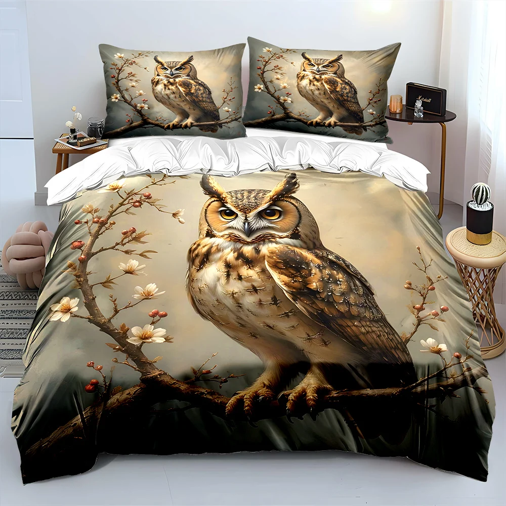 Owl perched on flowering branch Bedding Set for Kids Luxury Gift 3pcs Digital Print Comforter Set Soft Comfortable Breathable