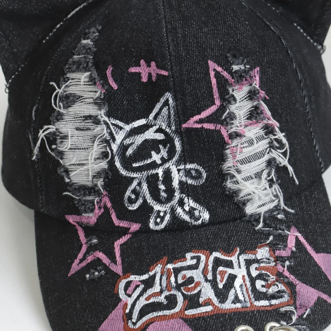 2026 NEW y2k Hot Girl Graffiti Jeans cat Ears Cowboy Baseball Hat Wash Graffiti Hip Hop Cap Women Men Party Team Baseball Cap view 4