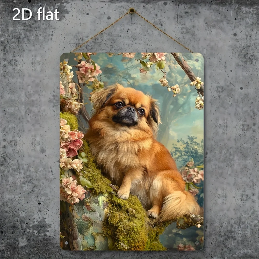 Vintage Metallschild mit Blumenmuster und Pekingese-Motiv, 20x30 cm, Rostfreie Wanddekoration für Zuhause, Bar, Café, Niedliches Hundegeschenk für Innen- und Außenbereich