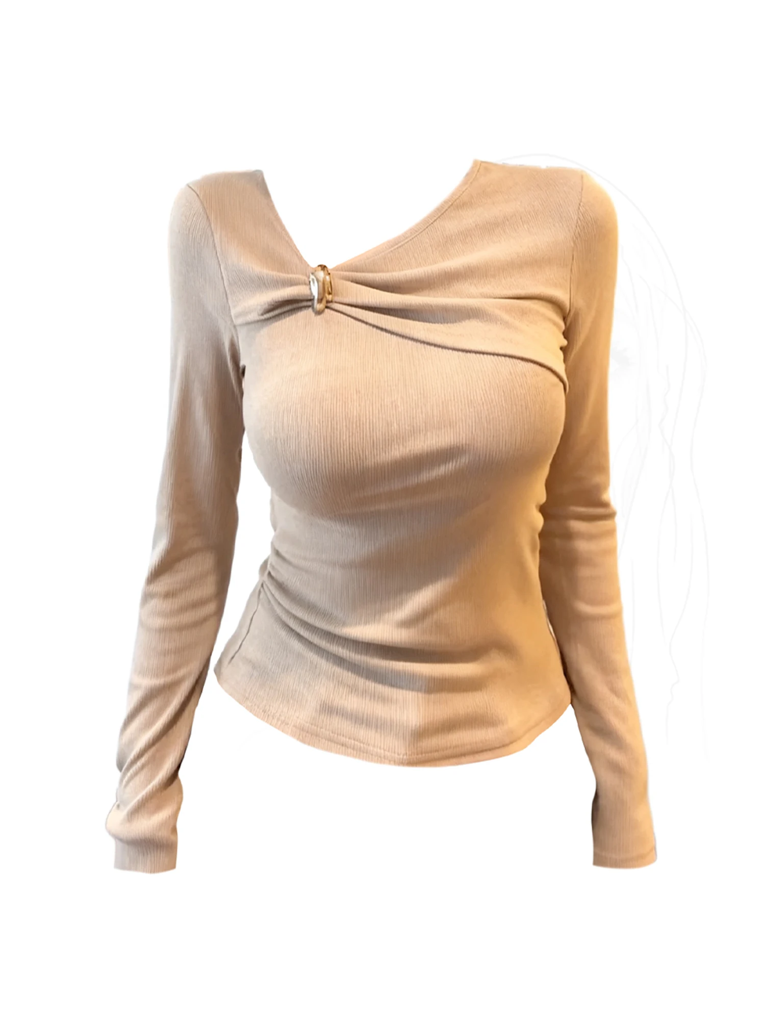 

Women's Khaki V-Neck T-shirt Aesthetic Y2k Gyaru Tee Top Vintage Long Sleeve Oversize T-shirt 2000s Fashion Clothes Spring Autum