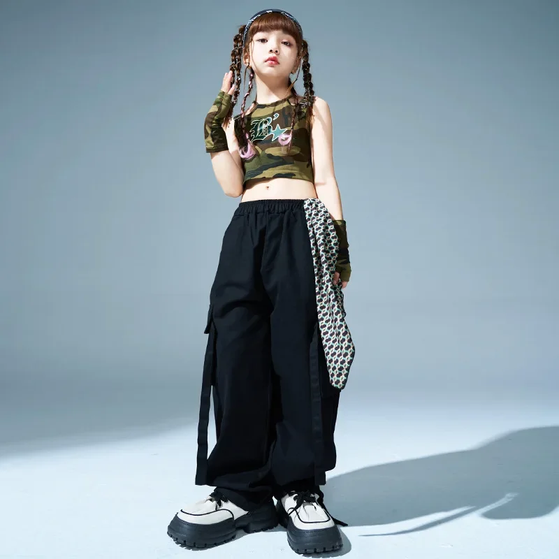 Girls Kpop Outfits Modern Dance Clothes Summer Crop Tops Black Pants Hip Hop Dance Costume Kids Concert Walk Show Stage Wear