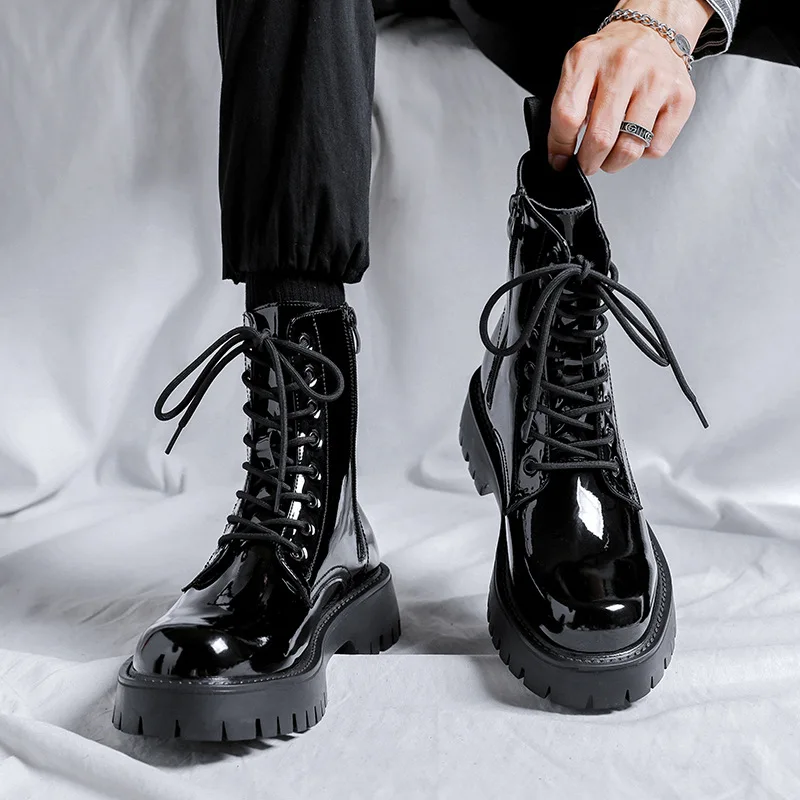 men luxury fashion patent leather boots black tide platform shoes party nightclub high top motorcycle boot cool knight botas man